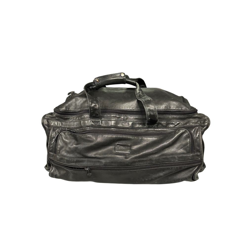 Tumi Black Genuine Leather Duffel Bag Weekender Travel Gym Bag Large Pocket
